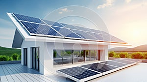 Solar panel system on the roof of a futuristic smart home. Renewable energy concept.