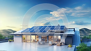 Solar panel system on the roof of a futuristic smart home. Renewable energy concept.