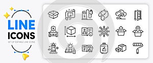 Solar panel, Technical algorithm and Opened box line icons. For web app. Vector