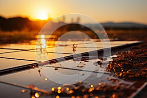 Solar Panel Texture and Details Close-Up Shot on Rooftop with Sunlight Reflection