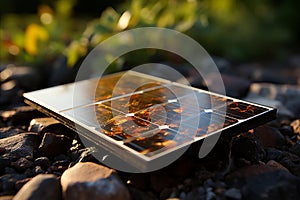 Solar Panel Texture and Details on Rooftop. Close-Up Shot with Sunlight Reflection