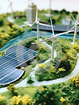 solar panel and two wind turbines on the ground