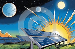 Solar panel under azure sky with sun, moon, and clouds in background