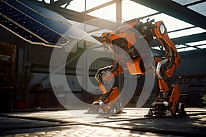 A solar panel under a robot in an industrial. A robot standing in a warehouse next to a solar panel