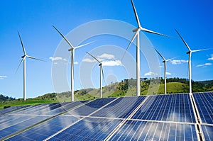 Solar panel and wind turbine farm clean energy.