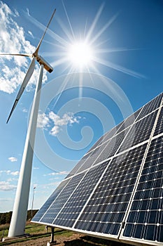 Solar panel with wind turbine and sunlight