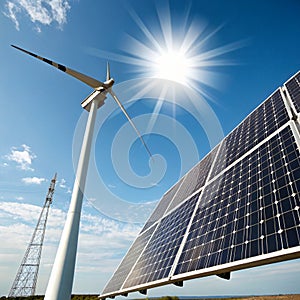 Solar panel with wind turbine and sunlight