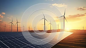 Photo of a solar panel with wind turbines in the background