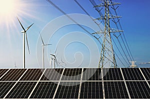 solar panel with wind turebine and electricity high voltage photo