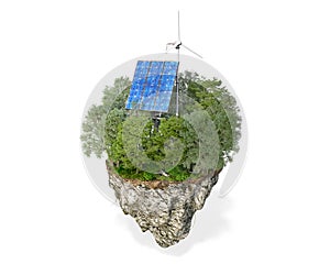 A solar panel and a windmill are located among the trees in the forest on floating island isolated on white background, 3d