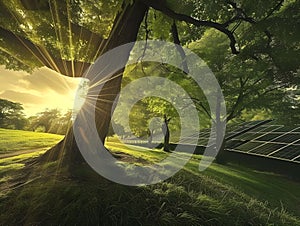 solar panels above a green tree to catch the sun