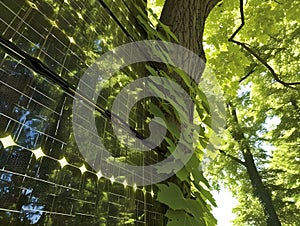 solar panels above a green tree to catch the sun