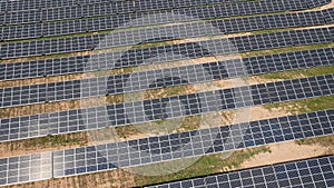 Solar panels array farm with sunlight create clean electric photo