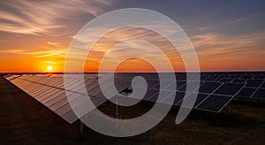 Solar Panels Array at Sunset in Open Field