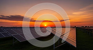 Solar Panels Array at Sunset in Open Field