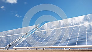 Solar panels on the background of the desert, blue sky. The concept of clean energy, green energy, renewable energy