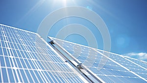 Solar panels on the background of the desert, blue sky. The concept of clean energy, green energy, renewable energy