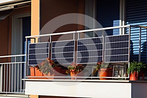 Solar panels on balcony of apartment building. Solar energy, photovoltaic elements placed on balcony