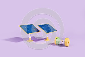 Solar panels and battery charging on purple background