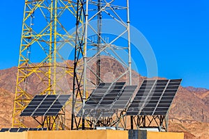 Solar panels in bedouin village in Sinai desert, Egypt. Renewable energy