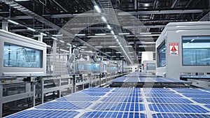Solar panels being moved on conveyor belts in green technology factory, render