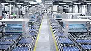 Solar panels being moved on conveyor belts during production process, 3D render