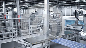 Solar panels being moved on conveyor belts during production process, 3D render