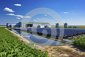 Solar Panels and Biogas Tanks on Agricultural Farm Under Blue Sky photo