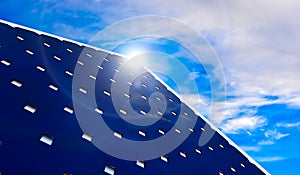 Solar panels on blue sky background. Photovoltaic cells of solar panel generating clean energy from the sun. 3d