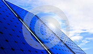 Solar panels on blue sky background. Photovoltaic cells of solar panel generating clean energy from the sun. 3d