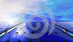 Solar panels on blue sky background. Photovoltaic cells of solar panel generating clean energy from the sun. Renewable