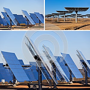 Solar panels on bright blue sky background. Renewable Energy