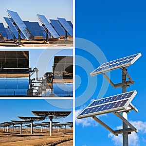 Solar panels on bright blue sky background. Renewable Energy