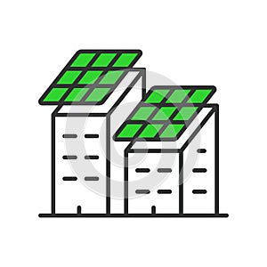 Solar panels on a building icon in line design green. Solar, panels, building, energy, power, renewable isolated on