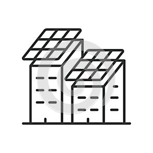 Solar panels on a building icon in line design. Solar, panels, building, energy, power, renewable isolated on white