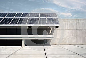 Solar panels installed on the roof of a modern building. Photovoltaic modules for innovation green energy., generative ai