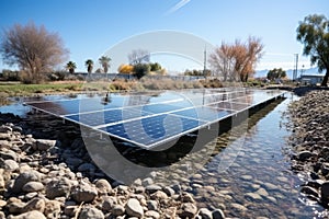 Solar panels on calm lake water reflecting clear blue sky on a beautiful sunny day
