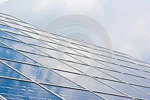 Solar Panels Closeup Blue Technology Clear Sunny Day Clouds Reflection Green Energy Real