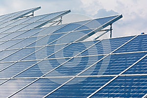 Solar Panels Closeup Blue Technology Clear Sunny Day Clouds Reflection Green Energy Real