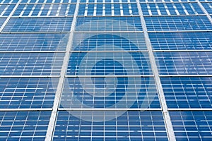 Solar Panels Closeup Blue Technology Clear Sunny Day Clouds Reflection Green Energy Real