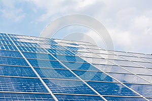 Solar Panels Closeup Blue Technology Clear Sunny Day Clouds Reflection Green Energy Real