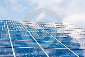 Solar Panels Closeup Blue Technology Clear Sunny Day Clouds Reflection Green Energy Real