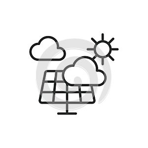 Solar panels cloud weather icon in line design, green. Solar, panels, cloud, weather, sunlight, forecast, sky isolated