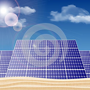 Solar panels in the desert, ecology concept