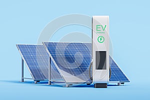 Solar panels with EV charging station on light blue background