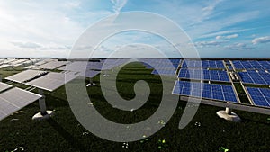 Solar Panels Farm against blue sky, 4K