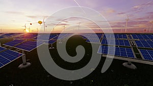 Solar Panels Farm with Wind Turbines in the distance and Hot Air Balloons rising at sunrise, 4K