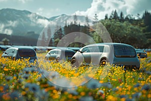 solar panels in a field with 3 electric cars