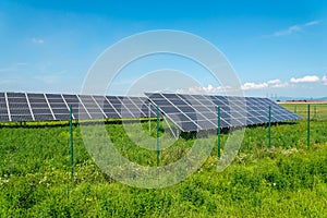 Solar panels in the field with blue sky produces renewable energy from the sun