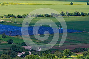 Solar panels. Field or farms for the production of electroenergy. Background with copy space for text